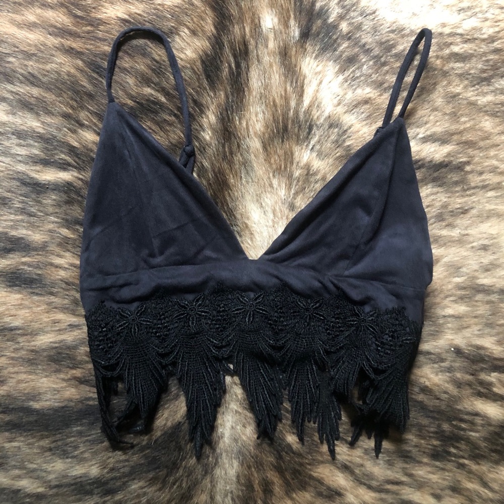 Blue Life Velvet Lace Trim Detail Crop Top Sz Sm
